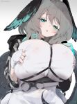  1girl aqua_eyes arknights blush breasts breasts_squeezed_together collar dress fingerless_gloves gloves grey_hair head_wings ho&#039;olheyak_(arknights) hood hood_down huge_breasts impossible_clothes impossible_dress infection_monitor_(arknights) long_hair long_sleeves looking_at_viewer open_mouth scales simple_background solo tail twitter_username unitedunti white_background white_dress white_gloves 