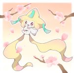  animal_focus border branch cherry_blossoms colored_skin commentary_request facial_mark floating highres jirachi no_humans pink_background pokemon pokemon_(creature) solo tanzaku towa_(clonea) white_border white_skin 