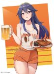  1girl absurdres alcohol bare_legs beer_mug blue_eyes blue_hair blush breasts clothes_writing commission cup employee_uniform fire_emblem fire_emblem_awakening highres hooters long_hair lucina_(fire_emblem) mug namu_(112namu) open_mouth pixiv_commission short_shorts shorts small_breasts solo tank_top thighs tiara uniform waitress 