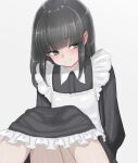  1girl absurdres apron black_dress black_hair blue_eyes blunt_bangs blush closed_mouth dress flat_chest frilled_apron frills highres long_hair looking_to_the_side maid maid_apron maid_headdress mustee original sitting smile solo waist_apron white_apron 