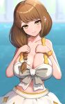  1girl alternate_costume bikini bikini_skirt braid braided_ponytail breasts brown_hair cleavage closed_mouth collarbone fire_emblem fire_emblem_engage goldmary_(fire_emblem) gonzarez hair_over_shoulder hands_up highres large_breasts long_hair mole mole_on_breast navel scrunchie skirt smile solo swimsuit white_bikini wrist_scrunchie yellow_eyes 