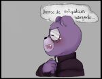  2023 anthro bear biped black_nose blush dialogue eyewear glasses hi_res mammal padre_(unicorn_wars) purple_body simple_background solo spanish_text text unicorn_wars zadscat 