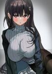  1girl :o black_hair blue_archive blush breasts brown_pantyhose gradient_background grey_background hair_ornament hairclip highres large_breasts long_hair looking_at_viewer pantyhose ribbed_sweater rio_(blue_archive) saya_(mychristian2) sitting solo sweater turtleneck turtleneck_sweater white_sweater 