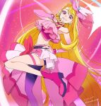  1girl bare_shoulders blonde_hair boots bridal_gauntlets commentary_request cure_butterfly dated frills gradient_background hand_on_own_hip haruyama_kazunori highres hijiri_ageha hirogaru_sky!_precure long_hair looking_at_viewer magical_girl midriff navel pantyhose parted_bangs pink_eyes precure purple_pantyhose red_footwear single_leg_pantyhose smile solo standing standing_on_one_leg twitter_username very_long_hair 