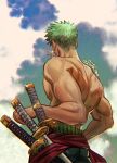  1boy bara earrings facing_away from_below glint green_hair highres iara_png jewelry large_pectorals male_focus muscular muscular_male one_piece pectorals roronoa_zoro sheath sheathed short_hair single_earring solo topless_male veins veiny_arms wind 