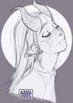  2023 anthro artist_name azuza dated ear_piercing ear_ring eyelashes eyes_closed facial_scar female hair hi_res horn humanoid humanoid_pointy_ears long_hair mouth_closed not_furry piercing ring_piercing scar simple_background solo 