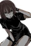  1girl arm_behind_head black-framed_eyewear black_eyes brown_hair cigarette highres looking_at_viewer round_eyewear simple_background uguisu_anko user_ette8224 white_background yofukashi_no_uta 