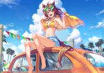  1girl ahoge animal_ears brown_hair car cloud collarbone commentary_request eyewear_on_head hair_between_eyes hair_ornament highres horse_ears horse_girl horse_tail jungle_pocket_(umamusume) looking_at_viewer medium_hair motor_vehicle navel shorts sitting sky solo sunglasses swimsuit tail tks_(526tks) towel umamusume 