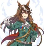  1girl animal_ear_piercing animal_ears ascot braid brown_hair gloves green_jacket green_skirt hand_on_own_hip horse_ears jacket kusanagi_kaoru long_sleeves medal multicolored_hair pleated_skirt red_eyes single_shoulder_pad skirt solo streaked_hair symboli_rudolf_(umamusume) tassel umamusume white_ascot white_gloves 