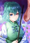  1girl alternate_hairstyle blue_eyes blue_hair breasts closed_mouth commentary_request cross-laced_clothes hair_bun heterochromia highres holding holding_umbrella karakasa_obake long_sleeves mononobe_kanako purple_umbrella red_eyes short_hair smile solo tatara_kogasa tongue touhou umbrella upper_body 