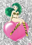  1980s_(style) 1girl bikini blue_eyes boots cityscape eyeshadow full_body green_hair heart horns knee_boots long_hair lum makeup navel non-web_source official_art oni oni_horns retro_artstyle sitting solo strapless strapless_bikini swimsuit tiger_panties urusei_yatsura yellow_bikini 