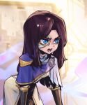  1girl blue_eyes breasts brown_dress brown_hair caitlyn_(league_of_legends) clothing_request cowboy_shot demacia_(league_of_legends) dress league_of_legends leaning_forward long_hair medium_breasts multicolored_background open_mouth phantom_ix_row solo teeth tongue 