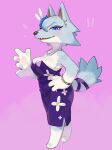  &lt;3 animal_crossing anthro biped blue_body blush breasts canid canine canis cleavage clothed clothing dress eyeliner fangs female hi_res jewelry kame_3 looking_at_viewer makeup mammal necklace nintendo pink_background purple_eyes simple_background solo teeth wave whitney_(animal_crossing) wolf 