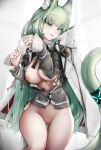  1girl :p absurdres animal_ear_fluff animal_ears arknights bottomless breasts breasts_out cape cardigan cat_ears cat_tail commentary_request cowboy_shot green_eyes green_hair grey_cardigan harmonie_(arknights) highres infection_monitor_(arknights) large_breasts long_hair long_sleeves looking_at_viewer nipples no_bra nopetroto open_cardigan open_clothes pussy solo tail thighs tongue tongue_out uncensored very_long_hair white_cape 