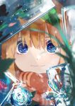  1girl absurdres ayauchi blue_eyes close-up closed_mouth go-toubun_no_hanayome green_ribbon hair_ribbon highres ice ice_cube looking_at_viewer medium_hair nakano_yotsuba orange_hair orange_scarf plant ribbon scarf solo 