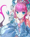  1girl blue_dress blue_eyes blue_horns blue_nails bubble_skirt claws dress elizabeth_bathory_(fate) fate/grand_order fate_(series) flat_chest frilled_dress frills gloves hand_up horns looking_at_viewer pink_hair pink_tail plunging_neckline pointy_ears pov ribbon_trim skirt smile solo tiara typtypss updo upper_body white_background white_gloves wrist_cuffs 