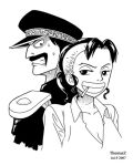  1boy 1girl artist_name back-to-back bellemere black_hair cigarette dated facial_hair genzo_(one_piece) greyscale grin hat long_hair low_ponytail lowres mohawk monochrome mustache one_piece ponytail short_hair simple_background smile teeth tmszhu uniform 