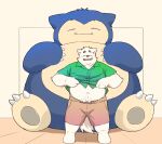  2023 anthro belly big_belly blush bottomwear canid canine canis clothing cute_fangs domestic_dog duo eyes_closed generation_1_pokemon hi_res inunoshippo kemono male mammal nintendo overweight overweight_male pokemon pokemon_(species) shirt shorts size_difference snorlax topwear 