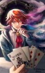  1boy 1other absurdres ascot brown_eyes card collared_shirt eyelashes grin hand_on_own_chin highres holding holding_card joker_(playing_card) junket_bank mafutsu_shin male_focus orange_hair playing_card red_ascot seven_of_diamonds shirt smile solo_focus user_mxwu5757 white_shirt 