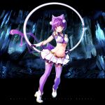  1girl absurdres breasts choker crop_top eden&#039;s_ritter_grenze gloves highres hoop hula_hoop looking_at_viewer navel purple_gloves purple_hair purple_thighhighs red_eyes sakuya_tsuitachi short_hair skirt small_breasts solo thighhighs 