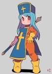  1girl blue_hair blue_headwear bodysuit bodysuit_under_clothes boots breasts closed_mouth commentary_request cross dragon_quest dragon_quest_iii full_body gloves grey_background hand_on_own_hip hat holding latin_cross long_hair medium_breasts mitre miyata_(lhr) orange_bodysuit priest_(dq3) red_eyes shadow signature simple_background solo tabard very_long_hair yellow_footwear yellow_gloves 