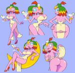  ass bare_shoulders breasts clothes_lift colored_skin crossed_legs cup dodo_(super_mario_rpg) dress dress_lift drink english_commentary from_behind high_heels highres holding holding_cup large_breasts looking_at_viewer mario_(series) pink_skin stealth_brock strapless strapless_dress super_mario_rpg valentina_(super_mario_rpg) 