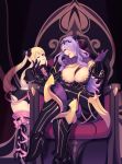  2girls absurdres areola_slip armor armored_boots armored_dress between_breasts black_armor black_bow black_dress blonde_hair boots bow bowtie breasts camilla_(fire_emblem) cleavage commentary crossed_legs dress drill_hair elise_(fire_emblem) english_commentary eyelashes fire_emblem fire_emblem_fates foot_out_of_frame gloves gold_trim hair_bow hair_over_one_eye hair_over_shoulder hand_up hands_up high_heel_boots high_heels highres indoors large_breasts leaning_forward lips long_hair looking_at_viewer multiple_girls on_chair one_eye_closed one_eye_covered parted_lips pink_bow pink_bowtie pink_ribbon purple_eyes purple_gloves purple_hair red_eyes ribbon seios shadow short_dress siblings sisters sitting smile thigh_boots thighs tiara twin_drills twintails 