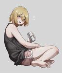  1girl absurdres asahi_breweries barefoot beer_can black_tank_top blonde_hair blue_eyes can dolphin_shorts feet from_side full_body grey_background highres looking_at_viewer mole mole_under_eye original pink_shorts short_hair shorts simple_background smile soles solo tabao tank_top toes 