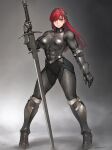  1girl armor chainmail full_body gauntlets hairband highres long_hair muscular muscular_female original red_hair solo sword takebouzu weapon 