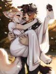  anthro blue_eyes brown_body brown_fur canid canine claws clothing digit_ring dress duo female finger_claws fur green_eyes heterochromia hi_res jewelry male mammal married_couple orange_eyes pawpads ring spuydjeks tail toe_claws wedding_ring 