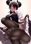  1girl agent_(girls&#039;_frontline) barefoot black_gloves black_hair black_thighhighs breasts clothes_lift commission double_bun dress feet foot_focus from_below girls&#039;_frontline gloves hair_between_eyes hair_bun highres large_breasts looking_at_viewer maid maid_headdress parted_lips pixiv_commission puffy_sleeves replikia simple_background skirt skirt_lift soles solo thighhighs toes two-tone_dress white_headwear yellow_eyes 