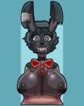  anthro bandage big_breasts blue_background blue_body blue_fur blue_hair bodily_fluids breasts crossgender duo eyelashes female first_person_view five_nights_at_freddy&#039;s five_nights_at_freddy&#039;s_4 floppy_ears fur grey_body grey_fur hair hi_res huge_breasts human inverted_nipples lagomorph leporid lewdabis looking_at_viewer lop_ears male male/female mammal nightmare_bonnie_(fnaf) nipples notched_ear pov_titfuck purple_eyes rabbit red_bow saliva scar scottgames sharp_teeth simple_background teeth whiskers 