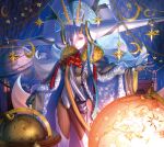  1girl absurdres armillary_sphere breasts cape clothing_cutout detexted fate/grand_order fate_(series) floating floating_object globe grey_cape highres horns huge_horns large_breasts long_hair long_horns non-web_source olga_marie_animusphere orange_eyes star_(symbol) stomach_cutout striped_bodysuit takeuchi_takashi thighs third-party_edit u-olga_marie white_hair 