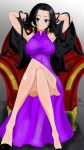  1girl absurdres amazon_warrior armpits arms_up black_hair blue_eyes boa_hancock chair crossed_legs detached_sleeves dress earrings high_heels highres jewelry looking_at_viewer messy_hair one_piece praaveeshraaj21 purple_dress snake_earrings thighs 