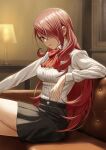  1girl black_skirt bow bowtie breasts buttons commentary_request couch drill_hair fagi_(kakikaki) gekkoukan_high_school_uniform hair_over_one_eye highres indoors kirijou_mitsuru lips long_hair long_sleeves looking_at_viewer medium_breasts on_couch parted_lips persona persona_3 pink_lips red_bow red_bowtie red_eyes red_hair school_uniform shirt sitting skirt solo uniform very_long_hair white_shirt 