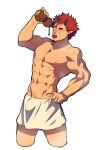  1boy abs bara bottle demon_boy demon_horns holding holding_bottle horns large_pectorals lvlv male_focus muscular muscular_male navel nipples one_eye_closed paradiso_guardian pectorals red_hair short_hair shuten_douji_(paradiso_guardian) simple_background solo tongue tongue_out towel towel_around_waist white_background 