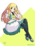  1girl ascot black_ascot black_pantyhose blonde_hair blunt_bangs blush braid buttons clenched_hands closed_mouth commentary_request cosplay dress eyelashes full_body green_eyes green_footwear hands_up highres kinocopro lillie_(pokemon) long_hair looking_at_viewer pantyhose pokemon pokemon_(game) pokemon_masters_ex pokemon_sm serena_(pokemon) serena_(pokemon)_(cosplay) serena_(sygna_suit)_(pokemon) shoes smile solo twin_braids twitter_username watermark white_dress 