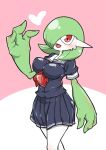  1girl arm_at_side blue_shirt blue_skirt blush bob_cut breasts clothed_pokemon colored_skin commentary_request gardevoir green_hair green_skin hair_over_one_eye hand_up happy heart kazamidoririnn looking_at_viewer medium_breasts miniskirt multicolored_skin neckerchief one_eye_covered open_mouth personification pink_background pleated_skirt pokemon pokemon_(creature) red_eyes red_neckerchief sailor_collar school_uniform serafuku shiny_clothes shiny_skin shirt short_hair short_sleeves simple_background skirt smile solo standing thighs two-tone_background two-tone_skin variant_set white_sailor_collar white_skin 