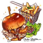  basket burger english_text food food_focus french_fries highres lettuce no_humans onion_rings original sauce sparkle still_life white_background xindi 
