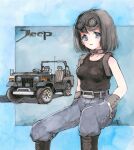  1girl belt black_belt black_footwear black_tank_top blue_background blue_eyes blush boots breasts collarbone frown goggles goggles_on_head hands_in_pockets hi_fumiyo highres jeep looking_at_viewer medium_breasts mitsubishi_jeep_j55 mitsubishi_motors motor_vehicle open_mouth original personification shirt_tucked_in short_hair signature sitting solo tank_top traditional_media vehicle_and_personification 