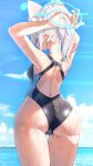  1girl adjusting_hair animal_ears arms_up ass back back_cutout blue_archive blue_eyes blue_halo blue_one-piece_swimsuit blue_sky breasts clothing_cutout cowboy_shot ear_piercing from_behind hair_ornament halo medium_breasts ocean one-piece_swimsuit piercing ponytail semimarusemi shiroko_(blue_archive) shiroko_(swimsuit)_(blue_archive) sky solo swimsuit wet wide_hips wolf_ears wolf_girl x_hair_ornament 