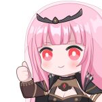  1girl aprob_(meme) black_cloak black_dress breasts bright_pupils chibi cleavage cleavage_cutout cloak clothing_cutout dress gem hololive hololive_english long_hair meme mori_calliope mori_calliope_(1st_costume) pink_eyes pink_hair red_gemstone smile solo spikes thumbs_up tiara upper_body veil virtual_youtuber white_pupils zephylyne 