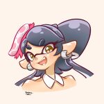  1girl artist_name asafiy bare_shoulders black_hair blush callie_(splatoon) collar commentary_request detached_collar earrings food food_on_head highres hoop_earrings jewelry long_hair object_on_head open_mouth parted_bangs simple_background smile solo splatoon_(series) splatoon_1 star-shaped_pupils star_(symbol) sushi symbol-shaped_pupils teeth tentacle_hair upper_body white_background white_collar yellow_eyes 
