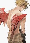  1boy artist_name back blonde_hair boku_no_hero_academia brown_pants commentary_request earrings facial_hair facing_away feathered_wings from_behind hawks_(boku_no_hero_academia) jewelry kadeart male_focus pants red_wings short_hair shoulder_blades signature simple_background solo stubble thai_commentary topless_male white_background wings 
