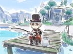  1boy blue_sky bucket cape chibi cloud fishing genshin_impact hat japanese_clothes jetty kaedehara_kazuha lyney_(genshin_impact) mountainous_horizon multicolored_hair orange_eyes orange_hair sitting sky solo streaked_hair top_hat tree white_hair wide_sleeves xinzoruo 