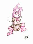  absurd_res anthro cute_expression female hi_res lagomorph leporid mammal paws paws_in_socks rabbit shy smile solo spread_legs spreading wings yordraw 