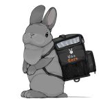  animal animal_focus backpack bag black_bag blue_eyes brand_name_imitation closed_mouth commentary_request full_body lilac_(p-f_easy) looking_to_the_side no_humans original rabbit solo standing uber_eats white_background 
