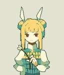  1girl 4qw5 armor armored_dress black_eyes blonde_hair blunt_bangs breasts double_bun expressionless flower frilled_shirt frilled_sleeves frills grey_background hair_bun hair_ribbon haniwa_(statue) holding holding_flower joutouguu_mayumi looking_at_viewer medium_breasts petals pixel_art puffy_short_sleeves puffy_sleeves ribbon shirt short_sleeves sidelocks simple_background touhou white_flower white_petals white_ribbon white_shirt wristband 