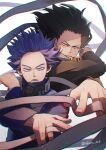  2boys bags_under_eyes black_hair black_shirt bloodshot_eyes blurry blurry_foreground boku_no_hero_academia bright_pupils chromatic_aberration clothes_grab commentary_request depth_of_field eraser_head_(boku_no_hero_academia) facial_hair film_grain fingernails floating_hair floating_scarf forehead foreshortening furrowed_brow goggles goggles_around_neck hair_slicked_back hands_up high_collar highres long_hair long_scarf long_sleeves looking_at_viewer lower_teeth_only male_focus mask mask_around_neck mouth_mask multiple_boys nakamu_405 open_mouth outstretched_arm outstretched_hand partial_commentary pixiv_username purple_eyes purple_hair sanpaku scar scar_on_face scarf scarf_grab shadow shinsou_hitoshi shirt short_hair simple_background stubble symmetrical_hand_pose teeth track_suit twitter_username u.a._gym_uniform upper_body v-shaped_eyebrows white_background white_pupils white_scarf 