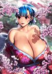  1girl absurdres bare_shoulders blue_hair blunt_bangs blush breasts cherry_blossoms cleavage earrings erkaz hair_ribbon highres hip_vent huge_breasts japanese_clothes jewelry kimono obi original outdoors pink_eyes ribbon rina_atherina sash shiny_skin short_hair solo veins veiny_breasts 